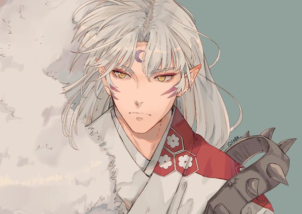 Anime picture 900x640 with inuyasha sesshomaru 1o8k single long hair simple background signed yellow eyes looking away silver hair upper body pointy ears twitter username facial mark forehead mark aqua background boy moon (symbol)