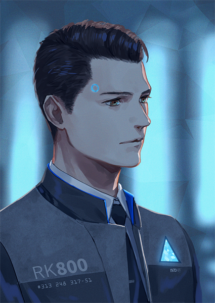 Anime picture 602x850 with detroit: become human connor (detroit) ame (conronca) single tall image short hair black hair brown eyes looking away upper body realistic inscription expressionless clothes writing boy uniform shirt necktie white shirt