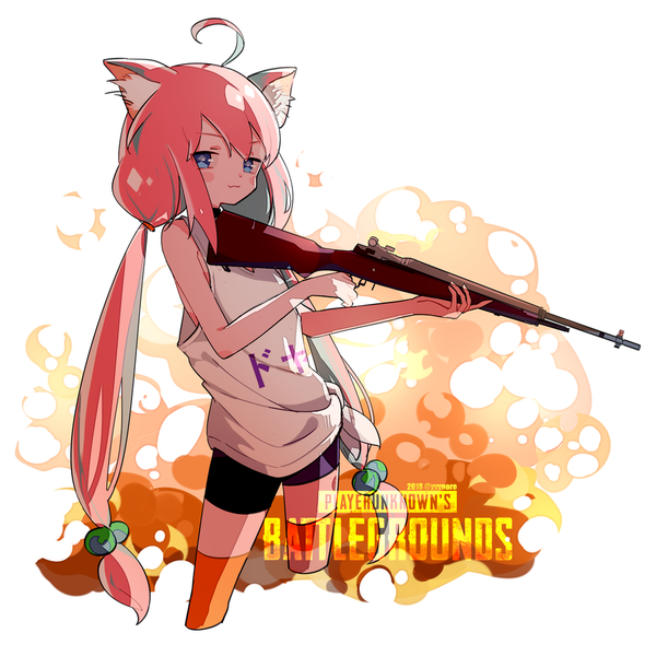 Anime picture 950x950 with playerunknown's battlegrounds virtual youtuber hinata channel nekomiya hinata captain yue single long hair looking at viewer blush blue eyes standing white background twintails animal ears pink hair ahoge cat ears sleeveless low twintails girl