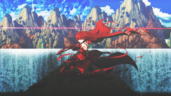 Anime picture 1920x1080 with elsword elesis (elsword) crimson avenger (elsword) ress dinocojv single long hair fringe highres wide image yellow eyes sky cloud (clouds) red hair hair over one eye mountain fighting stance lake girl dress