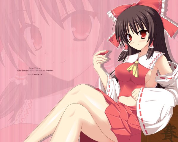 Anime picture 1280x1024 with touhou hakurei reimu kom (1323736) single long hair looking at viewer blush highres breasts open mouth light erotic black hair red eyes sitting bare shoulders miko zoom layer girl skirt navel