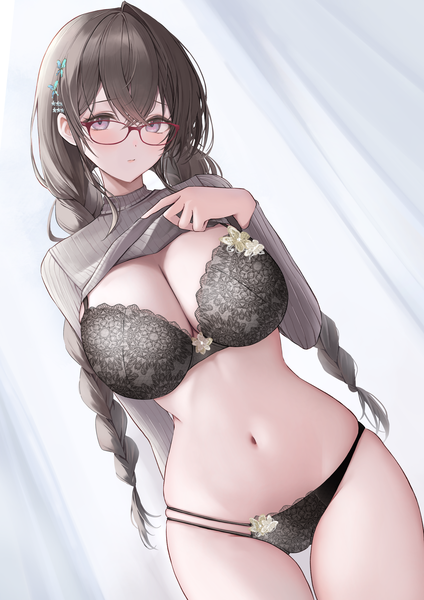 Anime picture 2894x4093 with original huziko32 single long hair tall image looking at viewer blush fringe highres breasts light erotic hair between eyes brown hair large breasts standing purple eyes cleavage braid (braids) long sleeves dutch angle