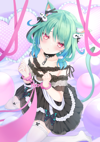 Anime picture 1240x1754 with virtual youtuber hololive uruha rushia uruha rushia (3rd costume) sakura yunuto single tall image looking at viewer blush short hair red eyes sitting twintails animal ears tail animal tail green hair from above cat ears cat girl