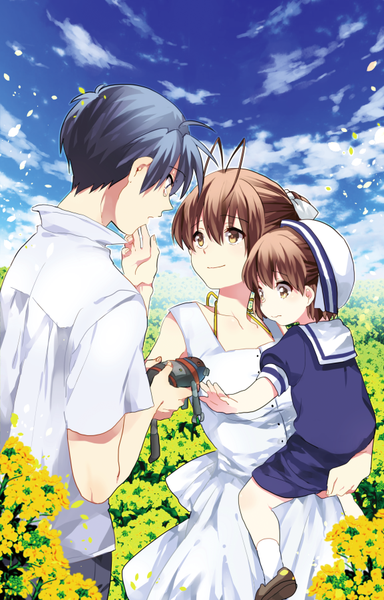 Anime picture 577x900 with clannad key (studio) furukawa nagisa okazaki ushio okazaki tomoya takumi (scya) long hair tall image fringe short hair smile brown hair standing holding sky cloud (clouds) ahoge short sleeves sleeveless eye contact