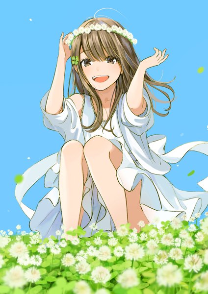 Anime picture 2894x4093 with original sako (user ndpz5754) single long hair tall image looking at viewer fringe highres open mouth smile hair between eyes brown hair sitting brown eyes sky ahoge bent knee (knees) outdoors :d wind