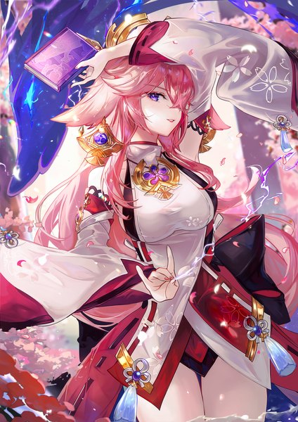 Anime-Bild 1768x2500 mit genshin impact yae miko vardan single long hair tall image looking at viewer fringe highres breasts light erotic smile standing purple eyes holding animal ears pink hair traditional clothes japanese clothes arm up