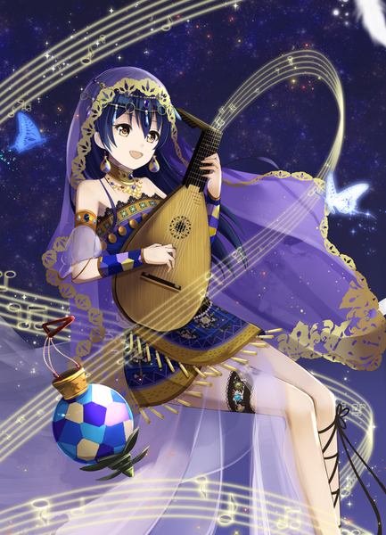 Anime picture 1226x1700 with love live! school idol project sunrise (studio) love live! sonoda umi orein long hair tall image fringe open mouth smile hair between eyes bare shoulders holding blue hair looking away bent knee (knees) night bare legs sparkle night sky