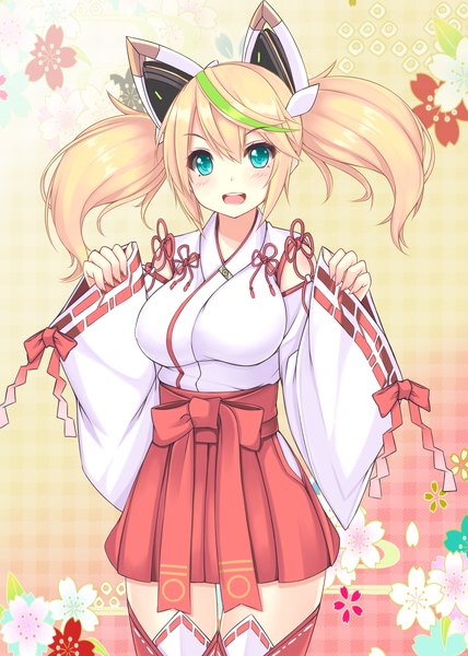 Anime picture 1428x2000 with sogaya single long hair tall image looking at viewer blush open mouth blue eyes blonde hair twintails traditional clothes japanese clothes miko girl hair ornament detached sleeves