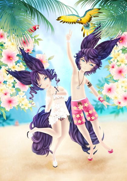 Anime picture 2480x3543 with blade & soul lyn (blade & soul) yaroslavapanina tall image looking at viewer highres blue eyes smile animal ears purple hair tail head tilt animal tail one eye closed lips wink mole tattoo couple mole under eye