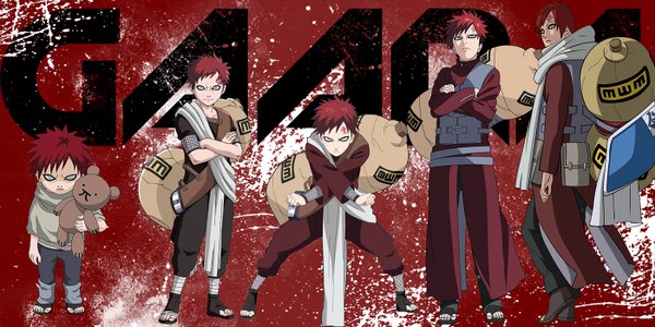 Anime-Bild 1400x700 mit naruto studio pierrot naruto (series) gaara looking at viewer short hair wide image green eyes red hair looking back inscription angry jinchuriki multiple persona age progression boy child (children) teddy bear pitcher