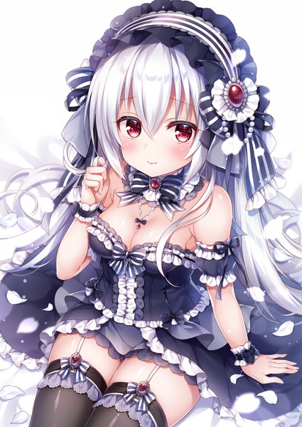 Anime picture 750x1058 with original mitsuba choco single long hair tall image looking at viewer blush fringe breasts light erotic hair between eyes red eyes white background sitting cleavage silver hair from above arm support lolita fashion playing with hair