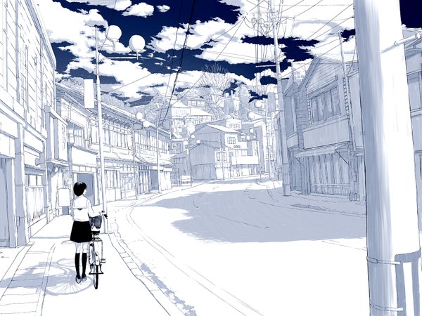 Anime picture 1600x1200 with original emukami single short hair black hair sky cloud (clouds) shadow girl serafuku building (buildings) ground vehicle wire (wires) power lines bicycle