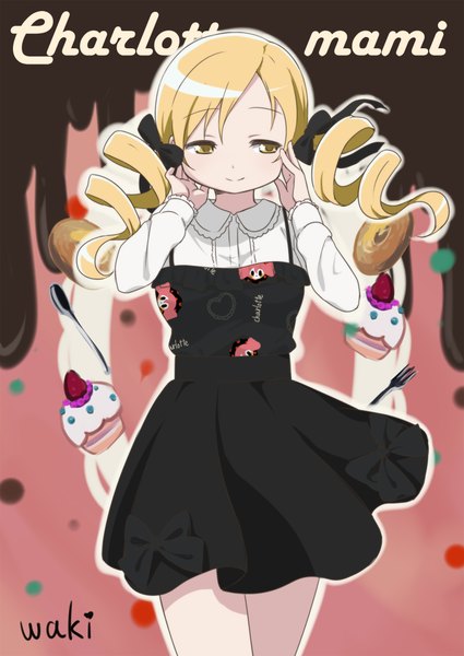 Anime picture 1500x2118 with mahou shoujo madoka magica shaft (studio) tomoe mami neki (wakiko) single long hair tall image looking at viewer twintails yellow eyes character names drill hair girl dress ribbon (ribbons) hair ribbon sweets cake fork spoon