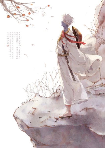 Anime picture 2952x4133 with naruto studio pierrot naruto (series) hatake kakashi single tall image fringe highres short hair standing silver hair long sleeves traditional clothes japanese clothes profile barefoot wind wide sleeves messy hair boy