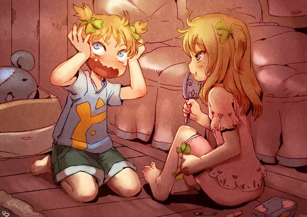 Anime picture 1082x768 with original bow (bhp) blush short hair open mouth blue eyes blonde hair smile sitting twintails profile short twintails girl boy shorts bed child (children) mirror