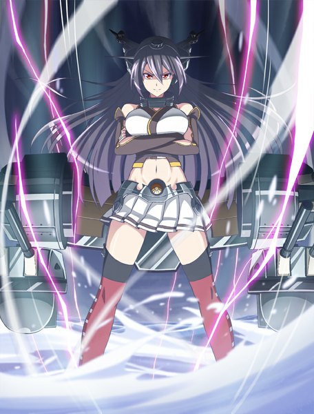 Anime picture 761x1000 with kantai collection nagato battleship h-new single long hair tall image black hair red eyes crossed arms girl thighhighs skirt navel hair ornament weapon