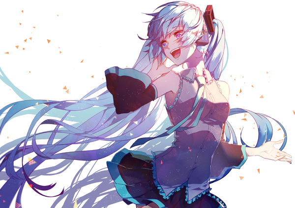Anime picture 4093x2894 with vocaloid hatsune miku kieshi heta single highres open mouth blue eyes simple background white background twintails blue hair looking away absurdres very long hair girl skirt detached sleeves miniskirt necktie headphones