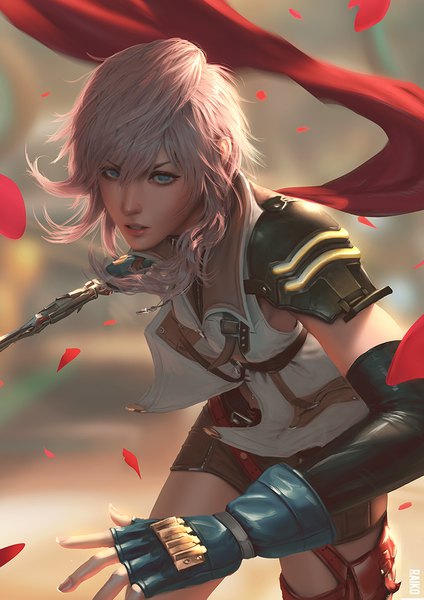 Anime picture 800x1131 with final fantasy final fantasy xiii square enix lightning farron raikoart single long hair tall image looking at viewer fringe blue eyes hair between eyes holding signed pink hair parted lips wind lips realistic teeth