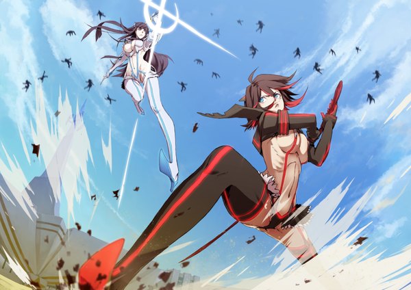Anime picture 3508x2480 with kill la kill studio trigger matoi ryuuko kiryuuin satsuki xi meng long hair highres short hair breasts blue eyes light erotic black hair large breasts multiple girls absurdres red hair multicolored hair two-tone hair from below streaked hair