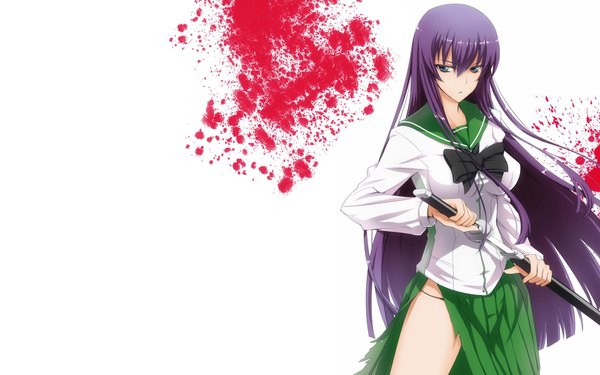 Anime picture 1920x1200 with highschool of the dead madhouse busujima saeko single fringe highres blue eyes light erotic wide image white background holding looking away purple hair pleated skirt midriff torn clothes unsheathing girl skirt uniform