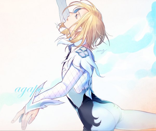 Anime picture 834x701 with yuri!!! on ice mappa yuri plisetsky amg (nwmnmllf) single short hair blue eyes blonde hair simple background standing signed profile arm up blurry inscription outstretched arm standing on one leg looking up leg lift (legs lift) boy