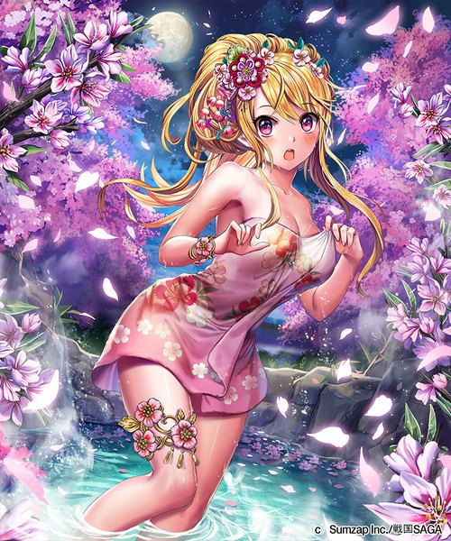 Anime picture 833x1000 with sengoku saga esphy single long hair tall image looking at viewer blush fringe breasts open mouth light erotic blonde hair hair between eyes bare shoulders payot cleavage outdoors pink eyes hair flower night