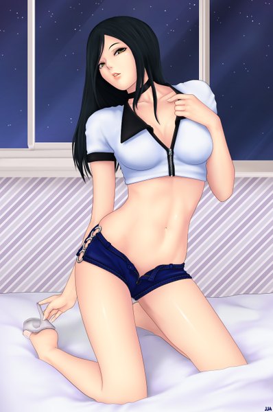 Anime picture 930x1400 with original aithne (khalitzburg) khalitzburg single long hair tall image looking at viewer blush breasts open mouth light erotic black hair large breasts sitting cleavage barefoot lips black eyes night bare belly