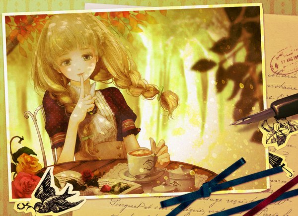 Anime picture 1718x1246 with original puna single long hair looking at viewer fringe highres blonde hair sitting green eyes braid (braids) twin braids finger to mouth girl flower (flowers) plant (plants) animal petals tree (trees) bird (birds)