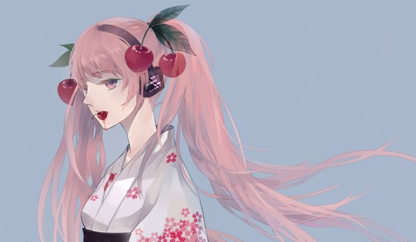 Anime picture 2000x1164 with vocaloid hatsune miku sakura miku yu (kongxiang) single long hair highres simple background wide image twintails pink hair japanese clothes pink eyes mouth hold girl food kimono berry (berries) cherry