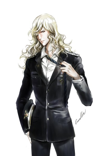 Anime picture 709x1015 with noblesse frankenstein camellia029 single long hair tall image looking at viewer fringe blue eyes simple background blonde hair standing white background holding signed head tilt hair over one eye headwear removed adjusting necktie boy