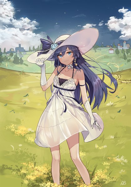 Anime picture 1193x1700 with honkai impact 3rd benghuai xueyuan honkai (series) raiden mei aliceblue single long hair tall image looking at viewer blush fringe blue eyes light erotic hair between eyes standing bare shoulders holding blue hair sky cloud (clouds)