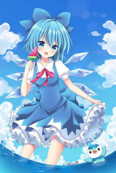 Anime picture 682x1014 with pokemon touhou nintendo cirno piplup wooper mayo (miyusa) single tall image blush short hair open mouth blue eyes blue hair sky cloud (clouds) :d crossover gen 2 pokemon gen 4 pokemon