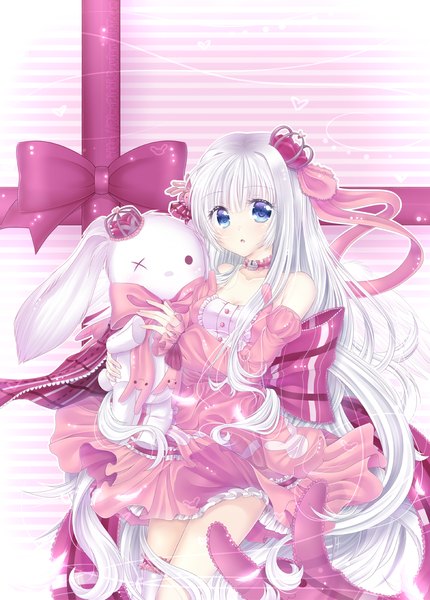 Anime picture 1300x1813 with original rimapichi single long hair tall image blue eyes bare shoulders white hair :o girl thighhighs dress ribbon (ribbons) bow hair ribbon detached sleeves animal crown single thighhigh bunny