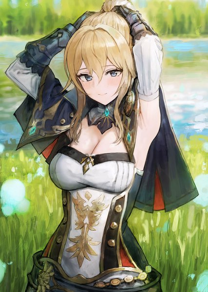 Anime picture 800x1124 with genshin impact jean gunnhildr sonchi single long hair tall image looking at viewer blush fringe breasts blue eyes blonde hair smile hair between eyes large breasts payot cleavage upper body ponytail long sleeves