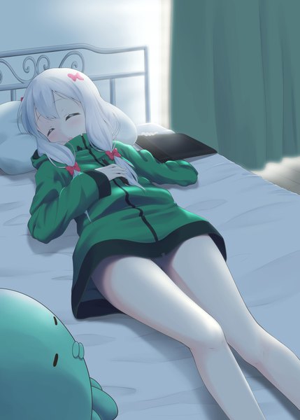 Anime picture 1295x1812 with eromanga sensei a-1 pictures izumi sagiri kanchan (kanchan220) single long hair tall image looking at viewer blush open mouth light erotic holding silver hair lying eyes closed long sleeves bare legs on back legs sleeping