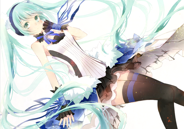 Anime picture 1000x703 with vocaloid hatsune miku fukuda935 single looking at viewer simple background white background twintails very long hair aqua eyes aqua hair girl thighhighs dress black thighhighs headphones