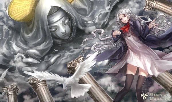 Anime-Bild 1200x712 mit original pixiv fantasia pixiv fantasia fallen kings infukun single long hair open mouth wide image purple eyes silver hair white hair girl thighhighs dress black thighhighs animal bird (birds) pillar column statue