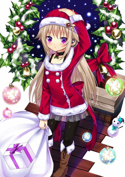 Anime picture 848x1200 with original koi (koisan) single long hair tall image looking at viewer blush blonde hair purple eyes pleated skirt from above fur trim snowing christmas winter snow hand on head girl skirt bow
