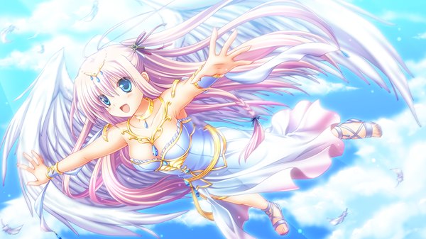 Anime picture 1024x576 with fortuna rhapsody long hair open mouth blue eyes wide image pink hair game cg cloud (clouds) girl dress wings jewelry feather (feathers)