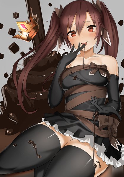 Anime picture 1200x1714 with original ccaw single long hair tall image blush light erotic smile red eyes brown hair twintails bare shoulders bent knee (knees) licking girl thighhighs dress ribbon (ribbons) black thighhighs food