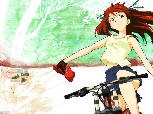 Anime picture 1024x768 with neon genesis evangelion gainax soryu asuka langley ground vehicle bicycle tagme