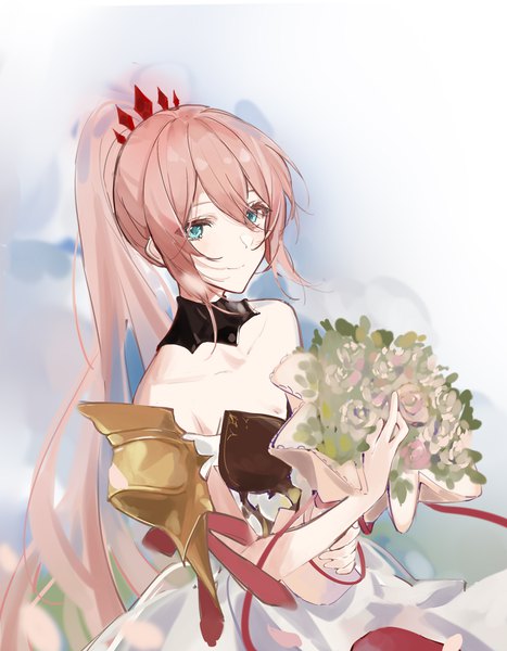 Anime picture 1512x1944 with tales of (series) tales of arise shionne (tales) joshua (shisanli934) single long hair tall image fringe blue eyes hair between eyes payot looking away pink hair ponytail girl flower (flowers) armor detached collar bouquet