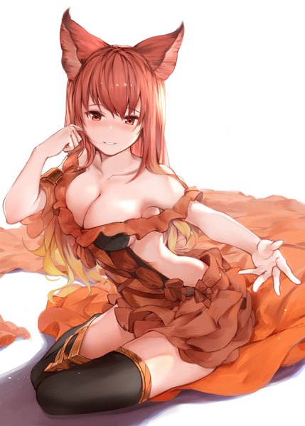 Anime picture 1492x2088 with granblue fantasy anthuria hana mori single long hair tall image looking at viewer blush fringe breasts light erotic simple background red eyes large breasts white background sitting bare shoulders animal ears cleavage red hair