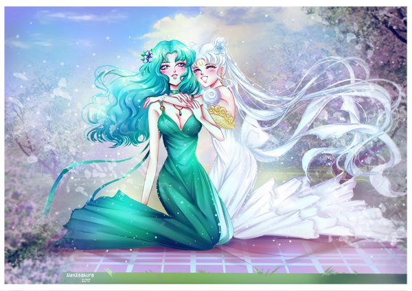 Anime picture 2338x1654 with bishoujo senshi sailor moon toei animation tsukino usagi princess serenity kaiou michiru princess neptune alex-asakura long hair blush highres blue eyes twintails multiple girls signed sky cloud (clouds) white hair eyes closed very long hair hair flower