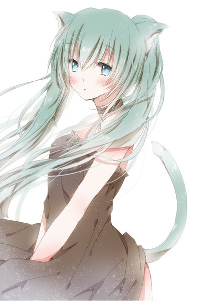 Anime picture 602x900 with vocaloid hatsune miku hiro (hirohiro31) single long hair tall image looking at viewer blush simple background white background twintails animal ears tail animal tail aqua eyes cat ears aqua hair cat girl cat tail girl