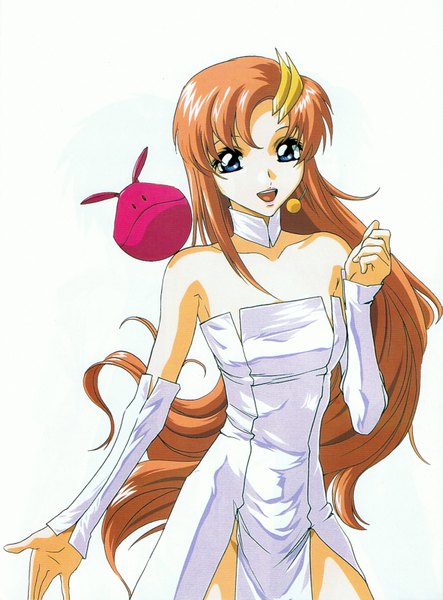 Anime picture 2462x3330 with mobile suit gundam gundam seed sunrise (studio) lacus clyne haro tall image highres blue eyes simple background white background bare shoulders pink hair absurdres singing girl dress hair ornament detached sleeves white dress hairclip