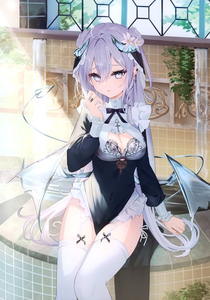 Anime picture 2455x3497 with original omelet tomato single long hair tall image looking at viewer fringe highres light erotic hair between eyes sitting cleavage tail horn (horns) pointy ears grey hair scan arm support covered navel demon girl