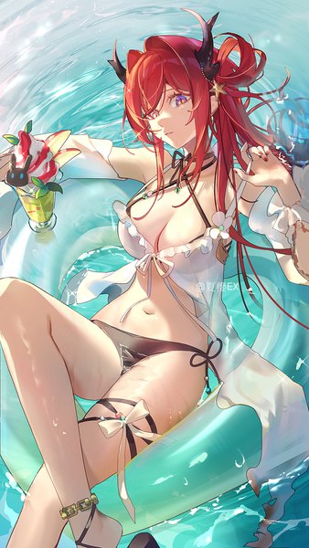 Anime picture 726x1290 with arknights surtr (arknights) surtr (colorful wonderland) (arknights) oz-xy single long hair tall image looking at viewer fringe breasts light erotic hair between eyes large breasts bent knee (knees) red hair nail polish head tilt horn (horns) fingernails from above