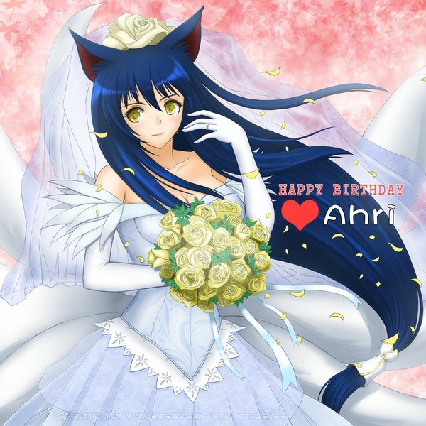 Anime picture 1000x1000 with league of legends ahri (league of legends) tonnelee single long hair blush animal ears yellow eyes blue hair looking away multiple tails happy birthday girl dress flower (flowers) petals rose (roses) ring bouquet wedding dress