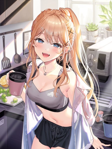 Anime picture 1500x2000 with original okuma mai single long hair tall image looking at viewer blush fringe breasts open mouth blue eyes blonde hair smile standing holding payot cleavage ponytail indoors blunt bangs